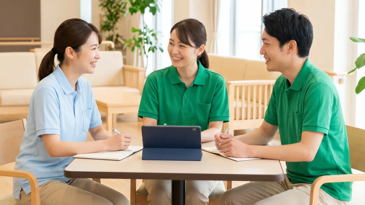 介護施設のラウンジで、スタッフ同士が笑顔でミーティングをしている写真