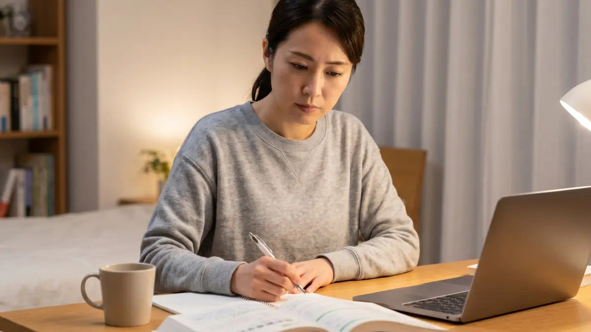 自宅のデスクで集中して勉強をしている30代女性の写真