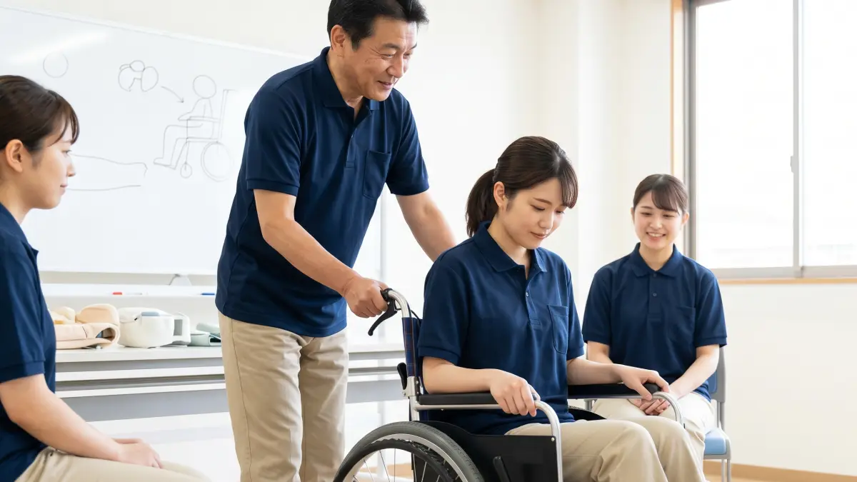 資格取得スクールの教室で、講師が受講生に対して優しく車椅子の操作方法を実技指導している様子