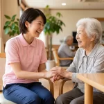 笑顔の女性介護士と女性利用者