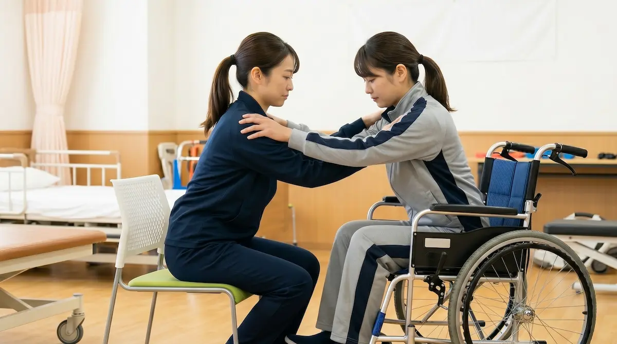 初任者研修の実技演習をジャージで受ける受講生