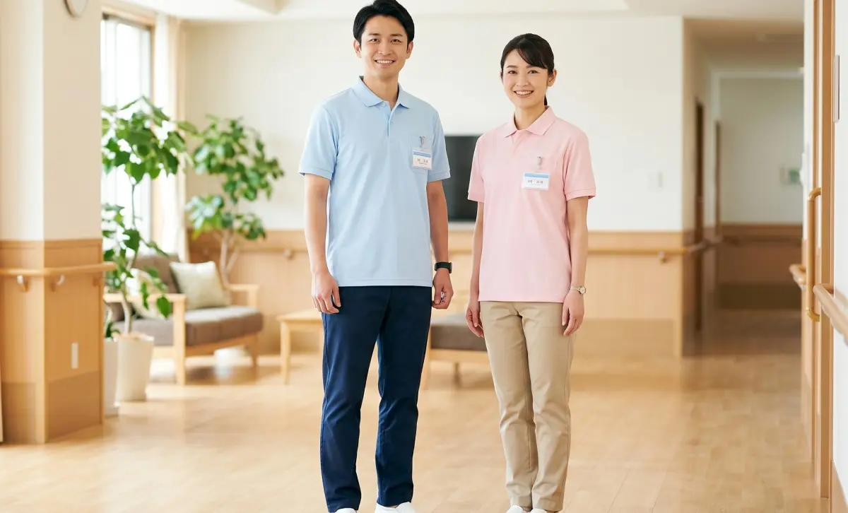 男女の介護士の服装全身